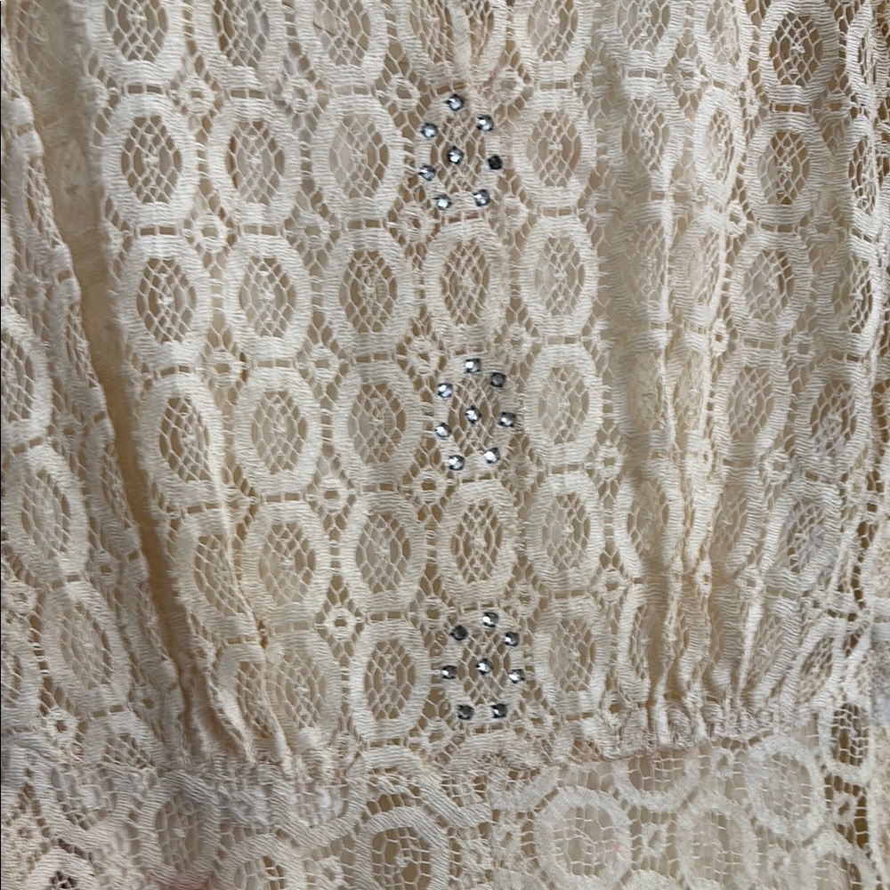70s Vintage Cream Lace Dress with Satin Slip Rhinestone Detail Small - Picture 10 of 10